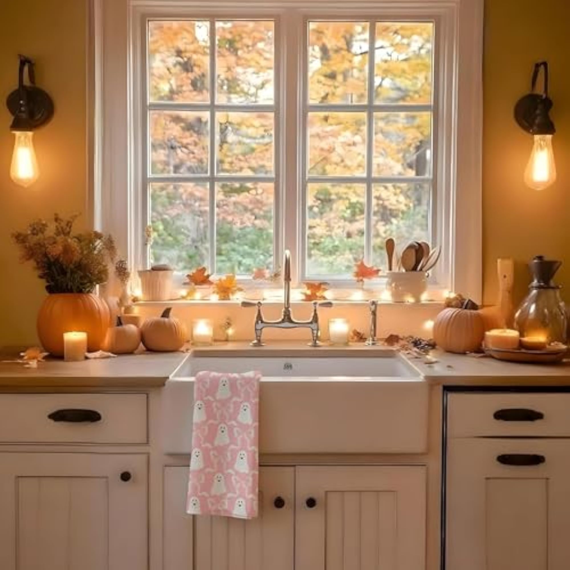 Pink Halloween Ghost Kitchen Towels, Spooky Decor